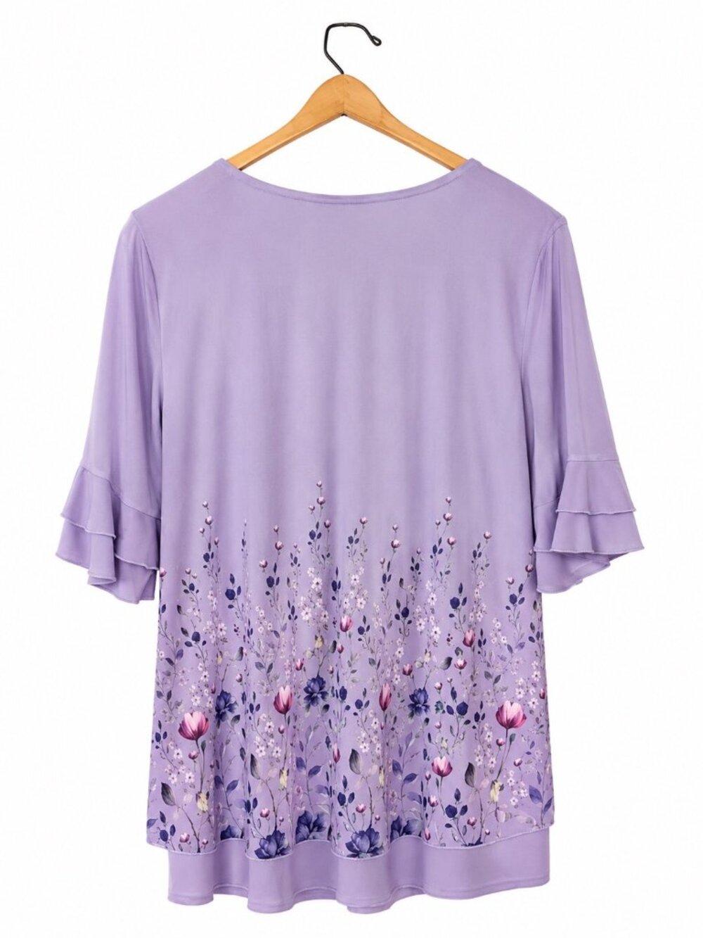 Valolia Womens Floral Ruffle Sleeve Purple Chiffon Blouse XL - Picture 3 of 4